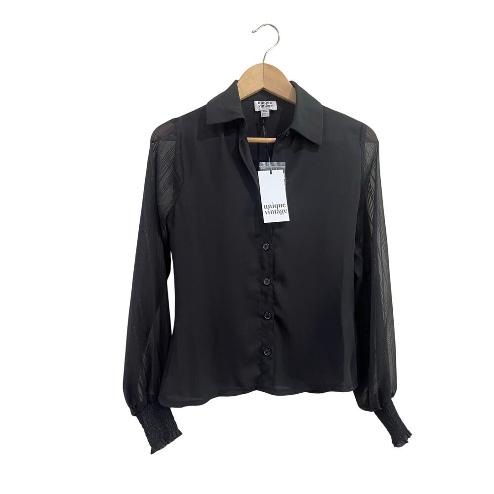 Unique‎ Vintage Black Sheer Sleeve Y2K Button Front Blouse NWT XS